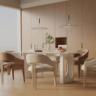 Modern Elegant Dining Table Set With Chairs Vase Fruits Cups Hanging Lights Wooden Wall 3d model