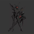 Game And Movie Character With Mechanical Red Wings Armored Suit Holding Large Futuristic Weapon