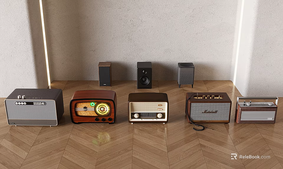Multiple Vintage Headphones and Speakers Arranged on Wooden Floor with Gray Wall and Lighting 3d model 