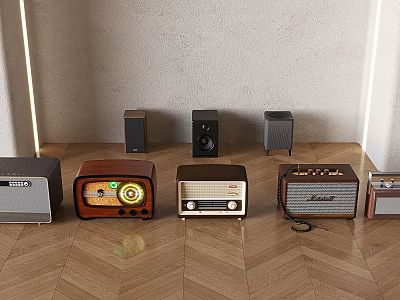 Multiple Vintage Headphones and Speakers Arranged on Wooden Floor with Gray Wall and Lighting 3d model