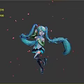 Game Anime Character With Teal Long Twin Tails Short Skirt Jumping Pose And Floating Petals
