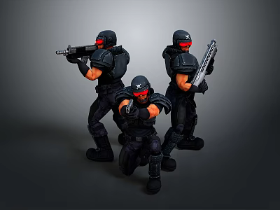 Group of armed figures in black tactical gear with red goggles holding rifles 3d model