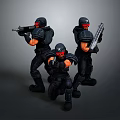 Group of armed figures in black tactical gear with red goggles holding rifles