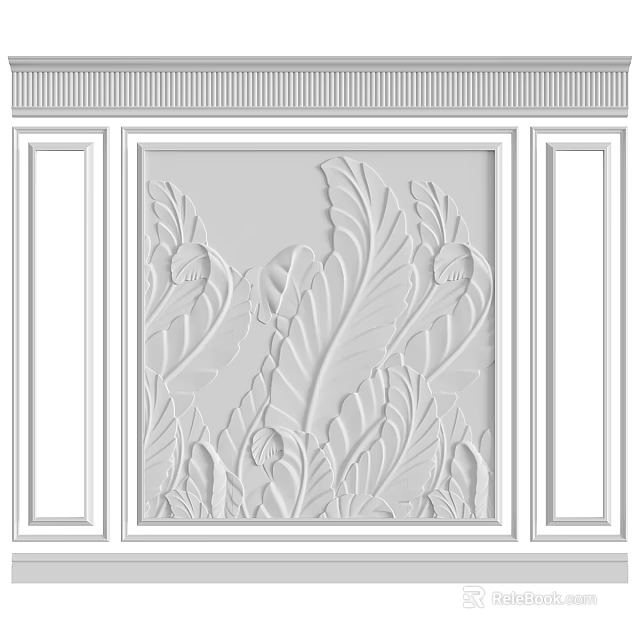 White Decorative Wall With 3D Embossed Leaf Patterns And Frame Design 3d model 