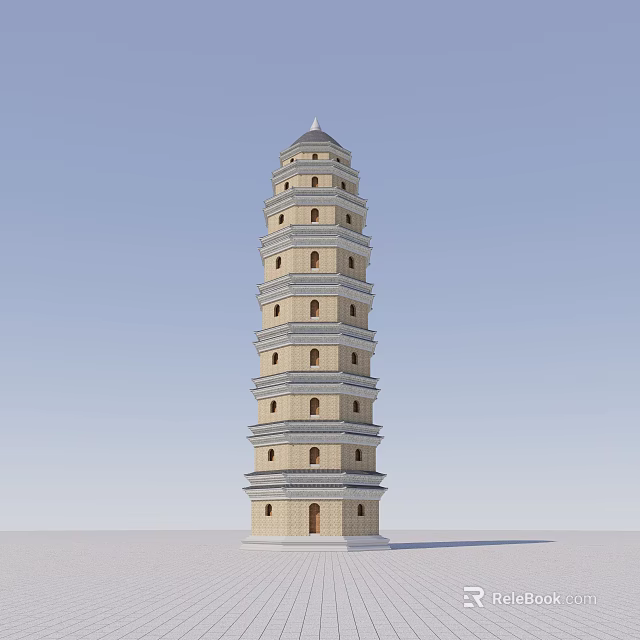Traditional Ancient Stone Pagoda with Multiple Floors Ornate Windows and Classic Spire 3d model 