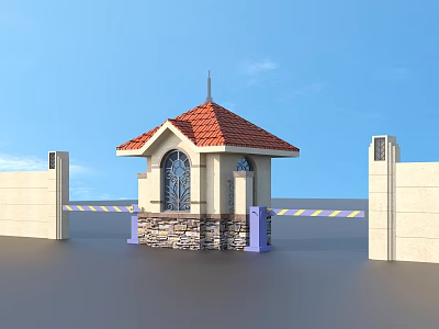 Traditional Gateway Entrance With Red Tile Roof Spire Arched Windows Stone Base And Walls 3d model