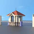 Traditional Gateway Entrance With Red Tile Roof Spire Arched Windows Stone Base And Walls