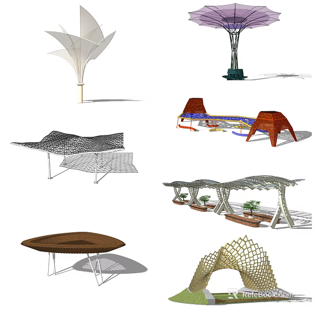 Modern Geometric Pergola Designs With Wooden Mesh Structure And Plant Decor 3d model 