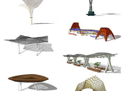 Modern Geometric Pergola Designs With Wooden Mesh Structure And Plant Decor 3d model