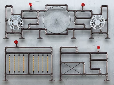Industrial Metal Pipe Fence Designs with Circular Gears Red Knobs and Structures 3d model