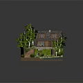 Cartoon Scene With Small Wooden House Green Trees Stone Pathway And Little Pond