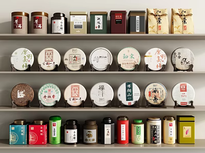 Colorful Tea Sets Displayed on Shelves with Assorted Tea Cans and Round Cakes 3d model