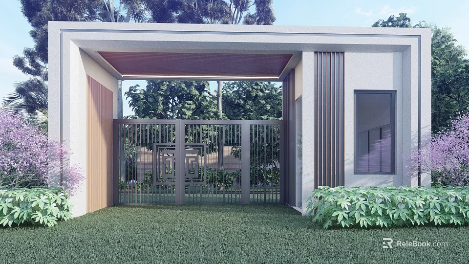 Modern Entrance Gate Design With Metal Railings Greenery And Lawn Surroundings 3d model 