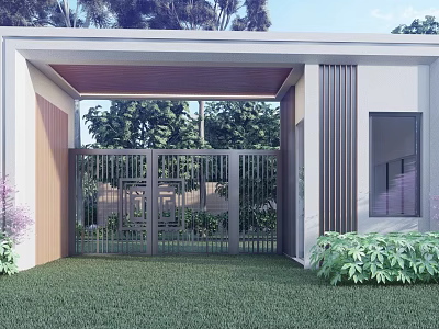 Modern Entrance Gate Design With Metal Railings Greenery And Lawn Surroundings 3d model