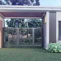 Modern Entrance Gate Design With Metal Railings Greenery And Lawn Surroundings