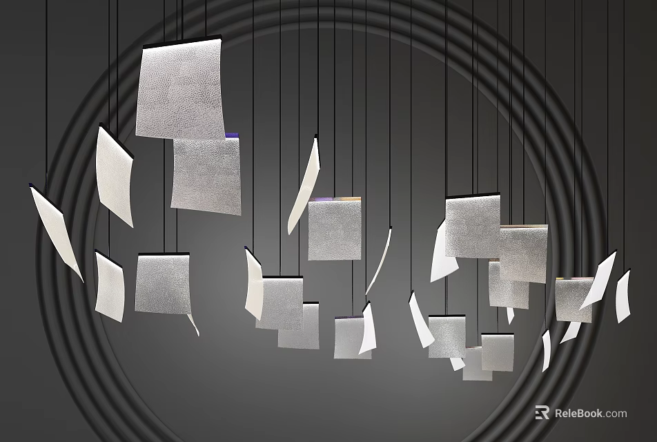 Modern Geometric Chandelier With Square Irregular Silver Pendants And Circular Accent On Dark Background 3d model 