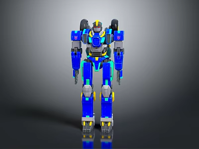 Blue And Yellow Robot 3D Model With Mechanical Structure And Reflective Surface 3d model