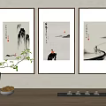 Three Piece Chinese Ink Landscape Paintings With Mountains Water Figures Calligraphy And Tea Set Decor