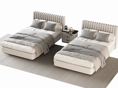 Two Single Beds Modern Design Striped Headboards Gray Beige Bedding Nightstand on Striped Rug 3d model