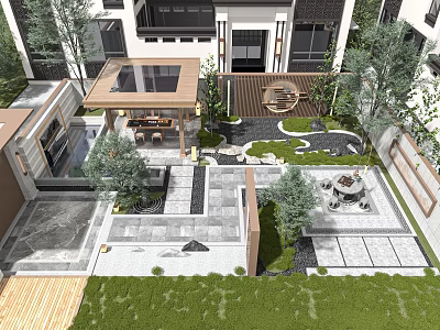 Modern Courtyard Garden With Lush Greenery Stone Paths And Canopy Seating Area 3d model