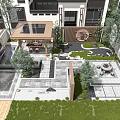 Modern Courtyard Garden With Lush Greenery Stone Paths And Canopy Seating Area 3d model