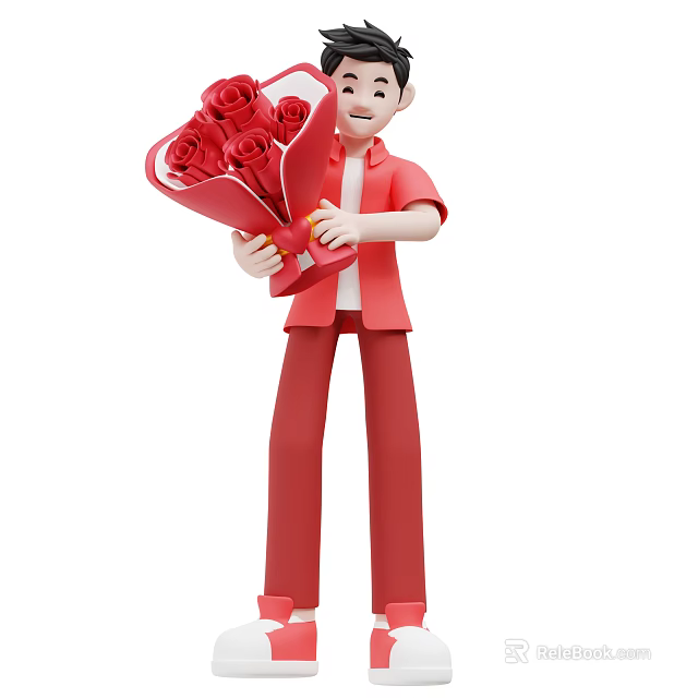Man Holding Bouquet of Red Roses Wearing Red Shirt and Red Pants 3d model 