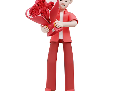 Man Holding Bouquet of Red Roses Wearing Red Shirt and Red Pants 3d model