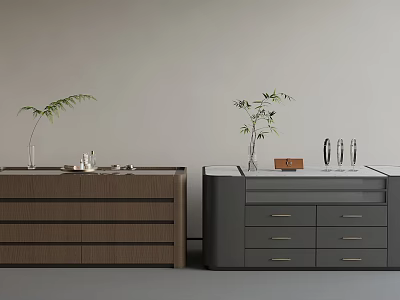 Stylish Brown And Gray Drawer Cabinets With Green Plants Vases And Decor Accessories 3d model