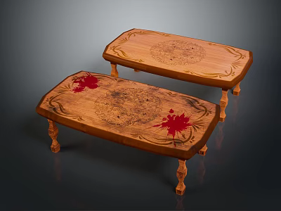 Wooden Coffee Tables With Intricate Carved Patterns And Red Accents On Carved Legs 3d model