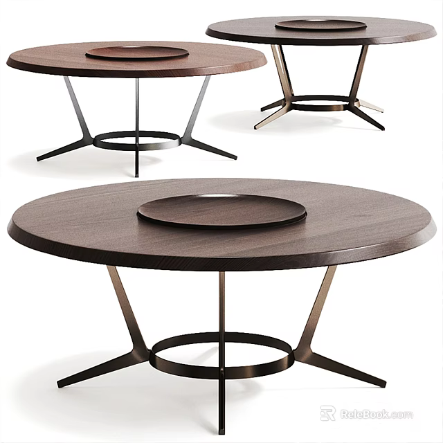 Stylish Round Dining Table With Dark Wooden Top And Modern Metal Legs 3d model 