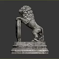 Decorative Stone Lion Statue Standing On Pedestal Holding Shield With Symbol