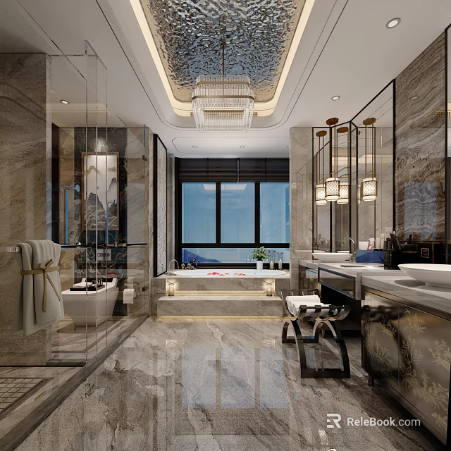 Luxury New Chinese Style Bathroom Interior Design With Marble Finishes Spa Bathtub And Elegant Lighting 3d model 