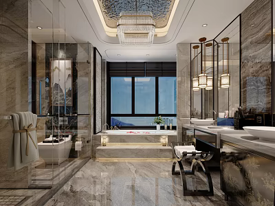 Luxury New Chinese Style Bathroom Interior Design With Marble Finishes Spa Bathtub And Elegant Lighting 3d model