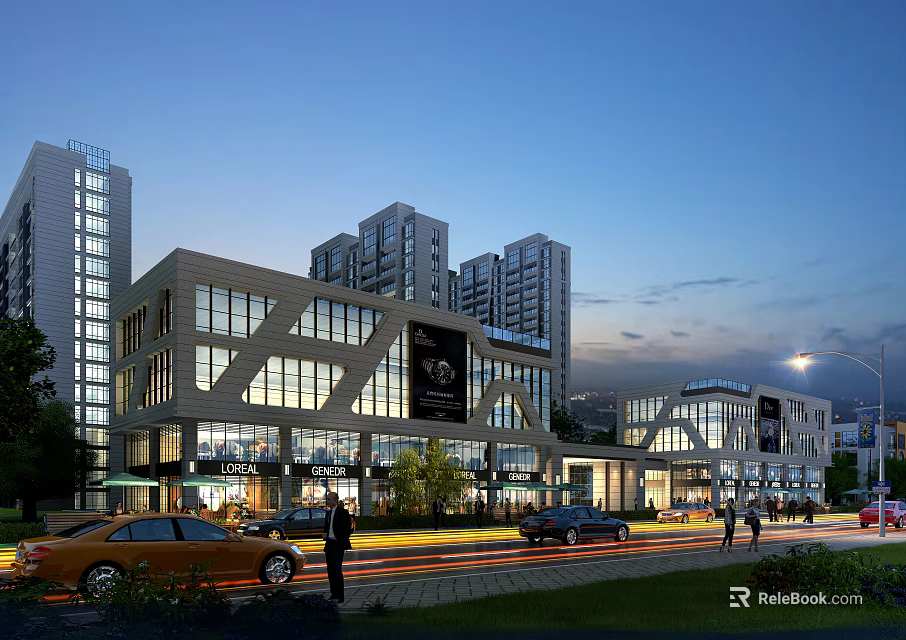 Modern Commercial Street with Urban Building Facades High-Rise Structures Shops Cars and Pedestrians 3d model 