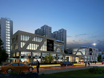 Modern Commercial Street with Urban Building Facades High-Rise Structures Shops Cars and Pedestrians 3d model