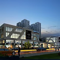 Modern Commercial Street with Urban Building Facades High-Rise Structures Shops Cars and Pedestrians