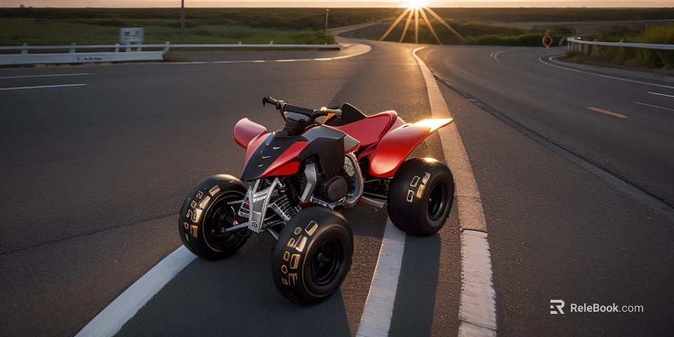 Red Four Wheel Motorcycle On Curved Road During Sunset Time 3d model 