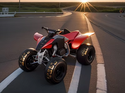 Red Four Wheel Motorcycle On Curved Road During Sunset Time 3d model