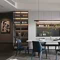 Modern Restaurant Interior with White Dining Table Blue Chairs Hanging Pendant Lights and Wine Rack