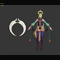 Game Movie Character with Star Shaped Headdress Blue Stockings Green Sleeves and Circular Decorative Prop