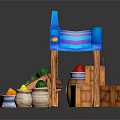 Colorful Wooden Market Stall with Blue Fish Decoration Fruit Candy Crates Watermelon and Baskets
