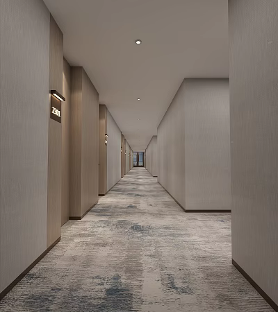 Modern Hotel Corridor With Long Passage Wooden Panels Gray Walls And Patterned Carpet 3d model