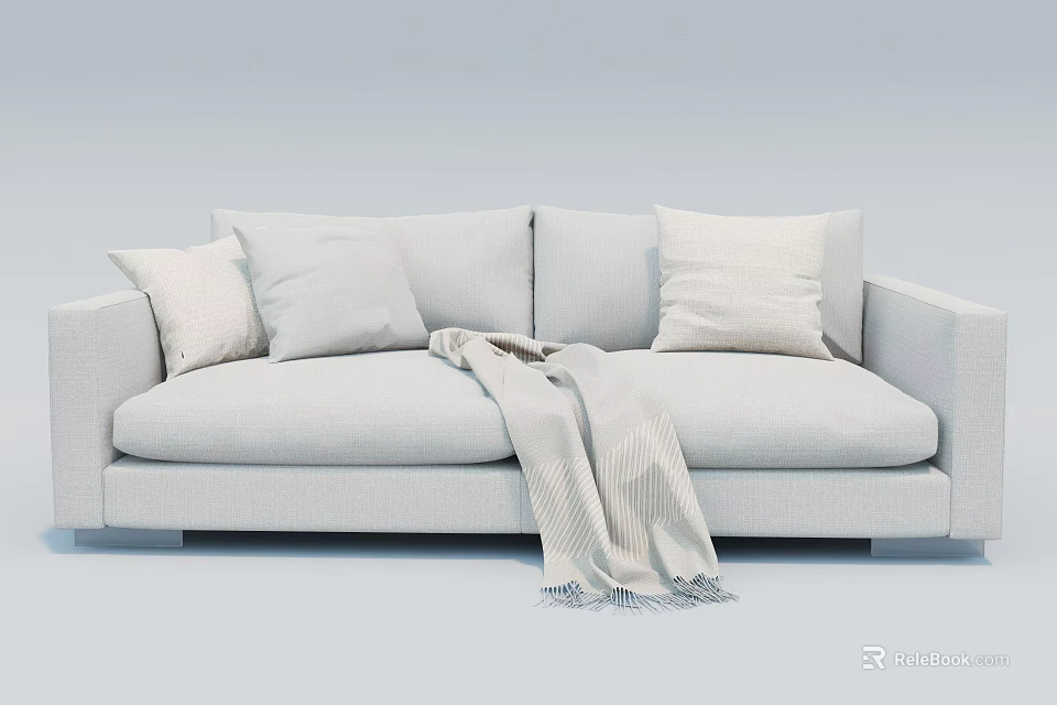 Modern Gray Two Seater Sofa With Soft Pillows and Cozy Throw Blanket 3d model 