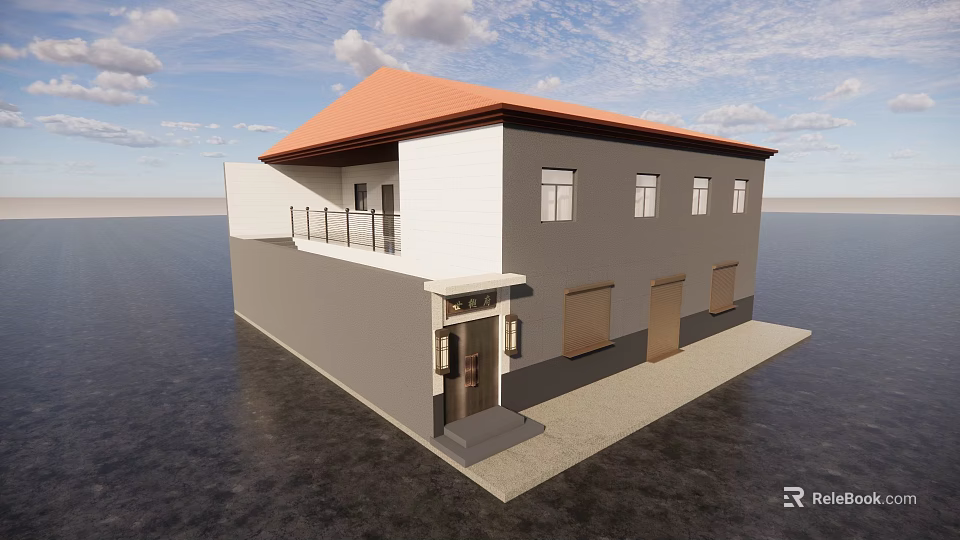 Modern Detached Villa With Orange Roof White Gray Walls Balcony And Front Porch 3d model 