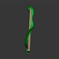 Green Snake Sculpture Coiled Around Curved Wooden Stick With Open Mouth And Sharp Fangs