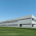 Modern Industrial Factory Exterior With Spacious Square Green Lawn And White Architecture