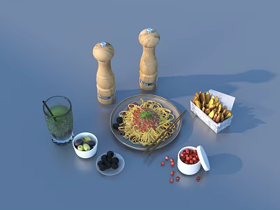 Appetizing Spaghetti With Fries Green Drink Pepper Mills And Fresh Toppings 3d model