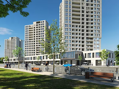 Modern Commercial Complex Featuring High Rise Buildings Retail Units Green Spaces And Pedestrian Walkways 3d model