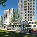 Modern Commercial Complex Featuring High Rise Buildings Retail Units Green Spaces And Pedestrian Walkways