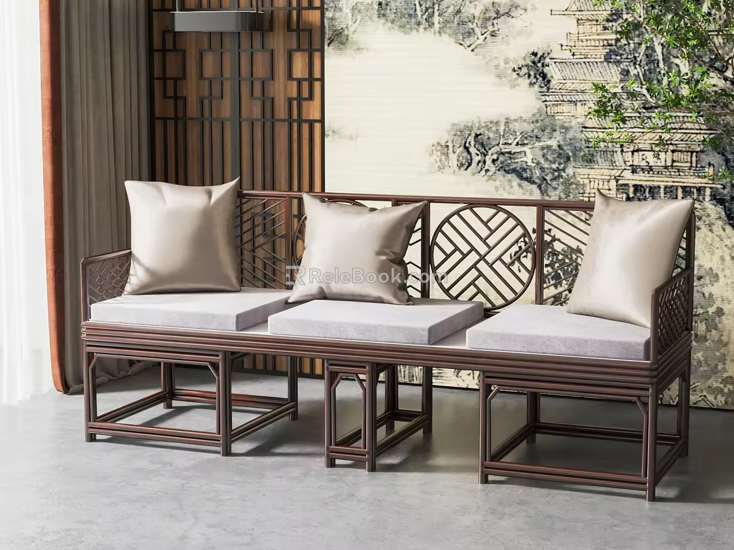 New Chinese-style three-person sofa 3d model